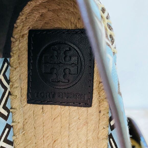 TORY BURCH Blue Brown 4T Logo Print Canvas/Veg Leather Espadrille Flats - US 6.5 - Picture 7 of 9